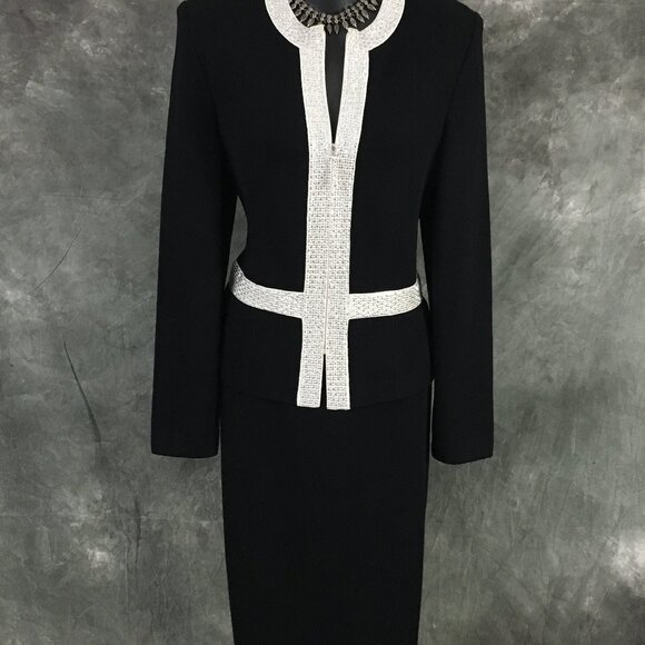 BEAUTIFUL St John evening knit black white rhinestones embellished skirt suit 8 - Picture 3 of 11